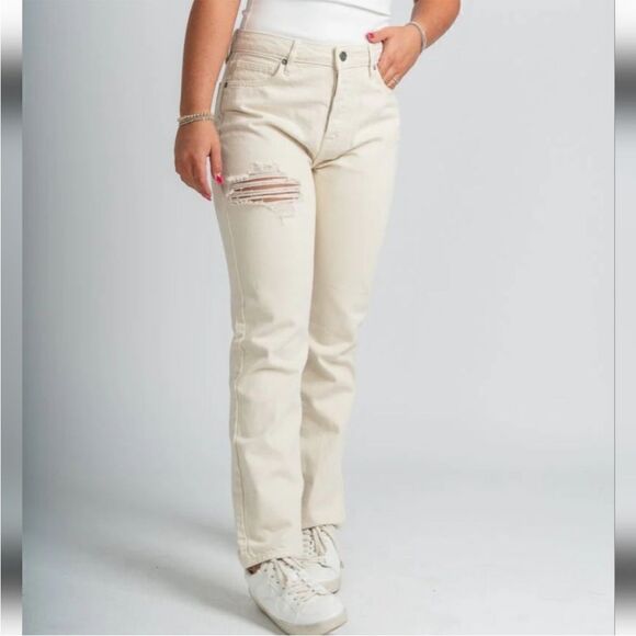 Hidden Straight Leg Jeans Sz 31 Distressed Button Fly Cream Colored NWT - Picture 1 of 12